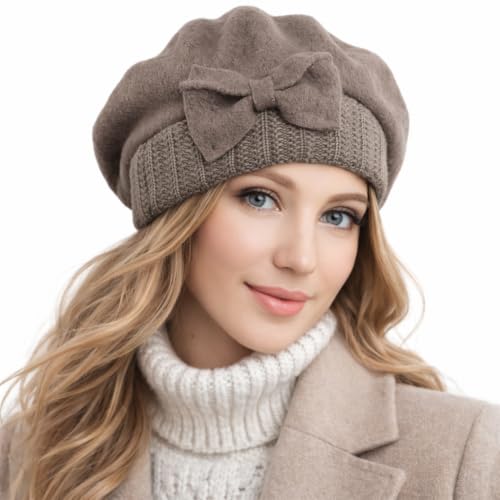 VECRY Women's 100% Wool Bucket Hat Felt Cloche Beret Dress Winter Beanie Hats - color: Beret-khaki