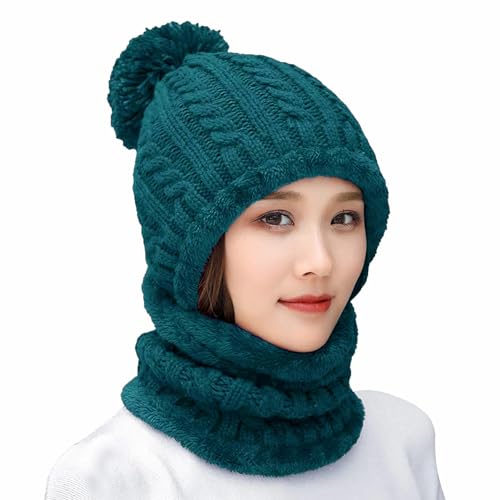 HUAMULAN Women Winter Knit Beanie Hats One Piece Fleece Lined Balaclavas - color: Teal