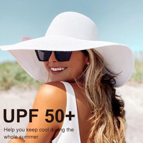 AQOKKA Sun Hats for Women Big Straw Wide Brim Summer Beach Hat Floppy Foldable Roll up Cap for Outdoor UPF 50+ - color: Wide Brim : White