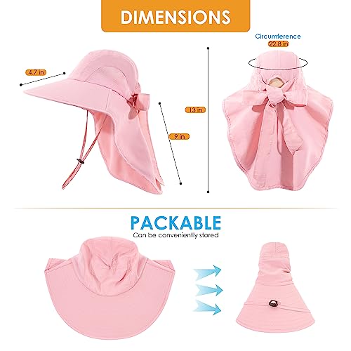 Womens Sun Hat UV Protection, Foldable Waterproof Wide Brim Bucket Hats with Neck Flap for Summer Beach Fishing Hiking - color: Pink