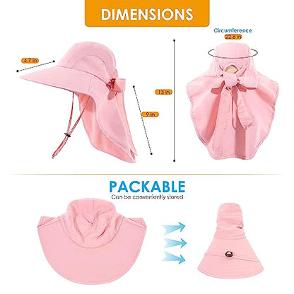 Womens Sun Hat UV Protection, Foldable Waterproof Wide Brim Bucket Hats with Neck Flap for Summer Beach Fishing Hiking - color: Pink