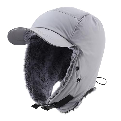 Home Prefer Waterproof Mens Faux Fur Trooper Trapper Hat Hunting Warm Winter Hat with Ear Flaps Visor Face Mask - color: Grey