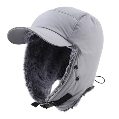 Home Prefer Waterproof Mens Faux Fur Trooper Trapper Hat Hunting Warm Winter Hat with Ear Flaps Visor Face Mask - color: Grey