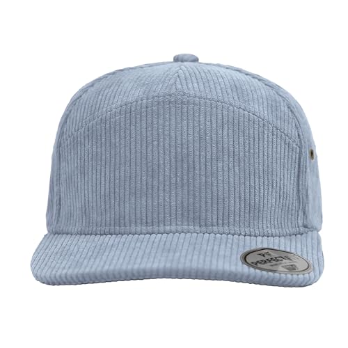 7 Panel Corduroy Cap – Structured Cotton Snapback Flat Bill Adjustable Unisex Streetwear Hat - color: Blue