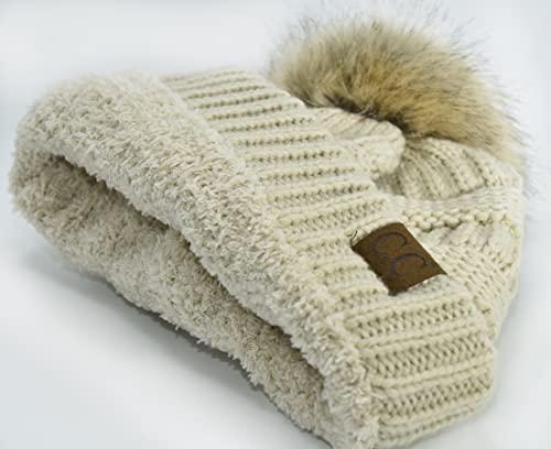 C.C Trendy Fuzzy Fleece Lined Warm Comfortable Soft Stretch Cable Knit Ribbed Faux Fur Pom Pom Beanie Hat - color: Beige