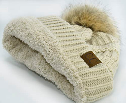 C.C Trendy Fuzzy Fleece Lined Warm Comfortable Soft Stretch Cable Knit Ribbed Faux Fur Pom Pom Beanie Hat - color: Beige