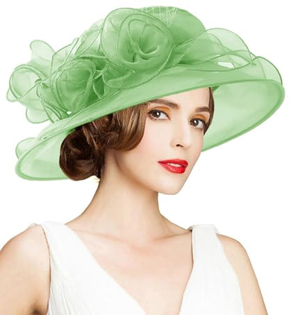 Women's Kentucky Derby Church Dress Hat Wide Brim Leaf Flower Bridal Shower Hat - color: A11-mint Green