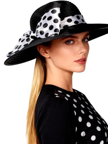 Women Wide Brim Rose Black Patchwork Kentucky Hat for Wedding Party Hat Big Bowknot Polka Dots Fedora Hats - color: Black