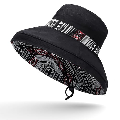Wide Brim Sun Hat for Women Reversible Beach Hats Metal Wired Edge Gardening Hats, UPF 50+ Bucket Summer Hat - color: Black Boho-style