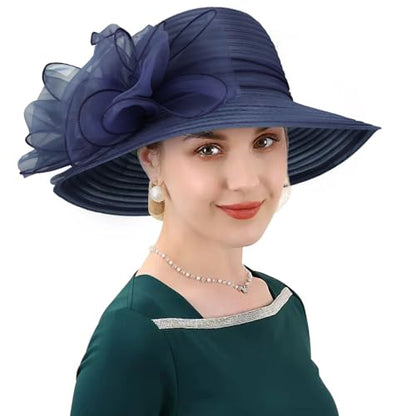 DRESHOW Lady Derby Dress Church Bowler Cloche Hat Bowknot Organza Bridal Cap for Wedding - color: 1 Pack: Navy