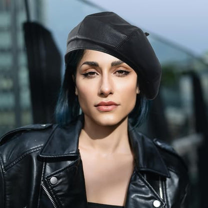 Women PU Leather French Beret Hat, 8-Panel Classic Artist Cap Causal Beanie Black, M
