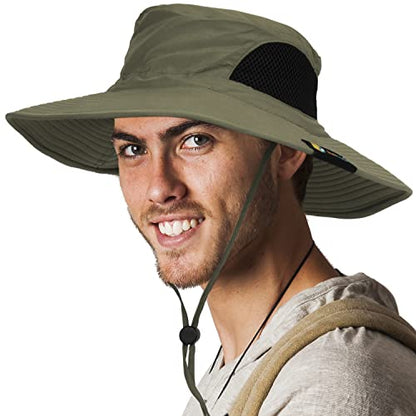 SUN CUBE Wide Brim Sun Hat for Men & Women, UPF 50+ UV Protection, Mesh Boonie Hat with Chin Strap, Fishing Hiking Hat - color: Olive
