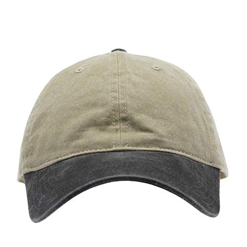 The Vintage Year Washed Cotton Low Profile Dad Hat, 6 Panel Soft Crown Baseball Cap, Brass Buckle, One Size Fits Most - color: Faded Black/Khaki