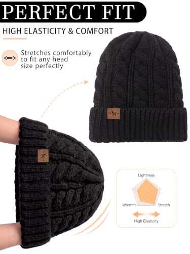 Winter Hats for Women Cable Knit Chunky Skull Cap Fleece Lined Thick Fold Cuff Beanie hat - color: Black, style: Cross Jacquard