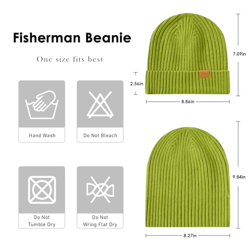 100% Merino Wool Fisherman Beanie Hat, Unisex Warm Winter Hats, Soft Breathable Knitted Short Cuffed Cap - color: Lemon Green
