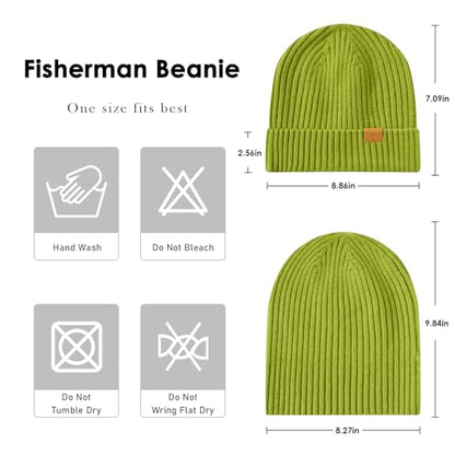 100% Merino Wool Fisherman Beanie Hat, Unisex Warm Winter Hats, Soft Breathable Knitted Short Cuffed Cap - color: Lemon Green
