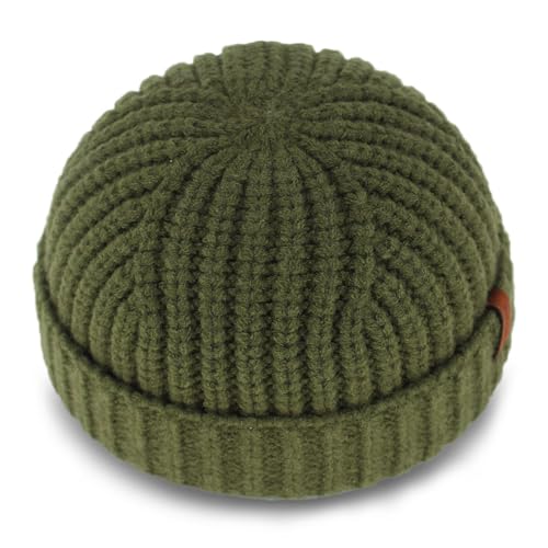 Chunky Wool Fisherman Short Beanie Hats Skull Cap for Men, Mens Thick Skater Streetwear Fishermans Beanie Daily Hat - color: Olive