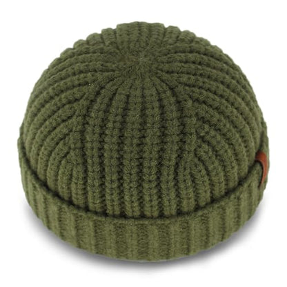 Chunky Wool Fisherman Short Beanie Hats Skull Cap for Men, Mens Thick Skater Streetwear Fishermans Beanie Daily Hat - color: Olive