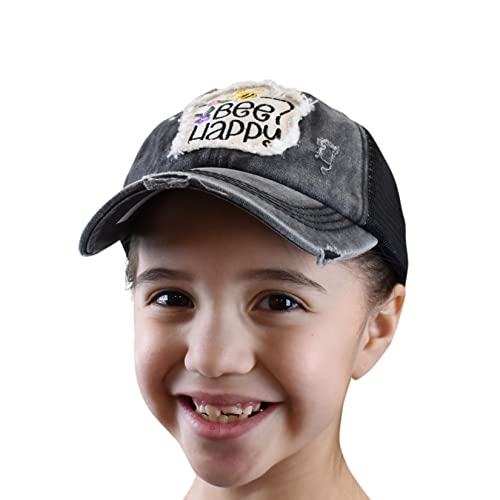 C.C. Childrens' Kids' Girls' Criss Cross High Bun Adjustable Mesh Trucker Baseball Cap - color: Bee Happy, Black