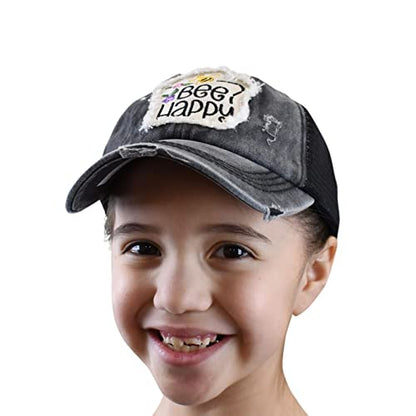 C.C. Childrens' Kids' Girls' Criss Cross High Bun Adjustable Mesh Trucker Baseball Cap - color: Bee Happy, Black