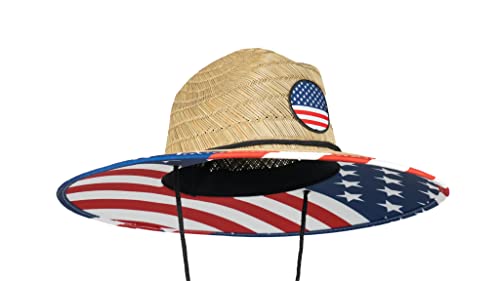 grinderPUNCH Straw Sun Hat for Men Women Wide Brim Beach Fishing UPF 50 - color: Usa Flag