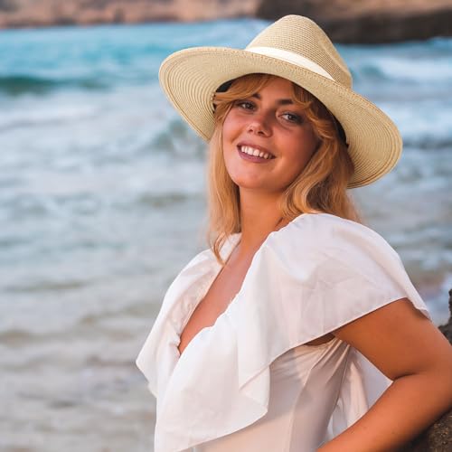 DRESHOW Women Straw Panama Hat Travel Fedora Beach Sun Hat Summer Wide Brim Straw Roll up Hats UPF 50+ - color: Fedora Hat: Beige (Beige Ribbon)