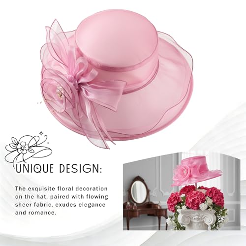 DRESHOW Women Organza Hat Church Cap Hats Clearance Kentucky Derby Cocktail Tea Party Wedding Flower Hat with Wide Brim - color: Flower Hat: Nude Pink