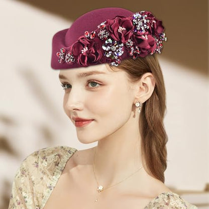 Women's Retro Stewardess Felt Hat, British Berets, Rhinestone Flower Decor, Ladies' Church Derby Hat - color: Wine Red