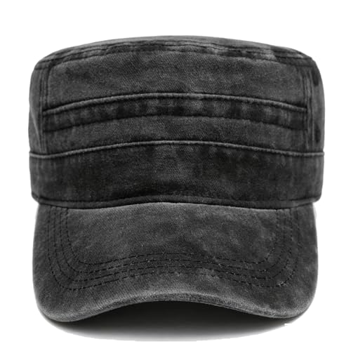 Military Cadet Army Cap for Men Women-Washed Cotton Vintage Adjustable Flat Top Baseball Hat - color: Retro Black