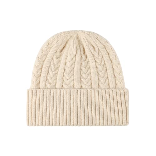 Winter Cable Knit Hat Elasticity Cuffed Thick Soft Beanie Skull Cap for Women Men - color: Beige