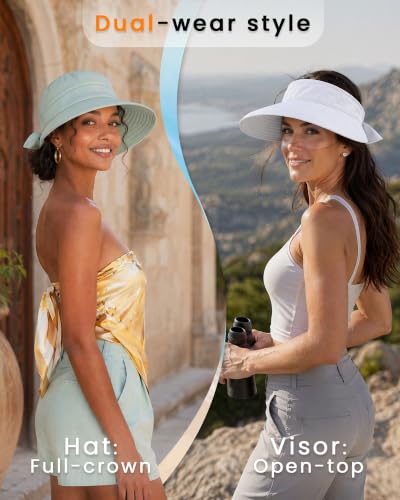 CHUNG 2 Pack Women Sun Visor Hat Wide Brim Summer UV Protection Zip-Off - color: White/Light Green