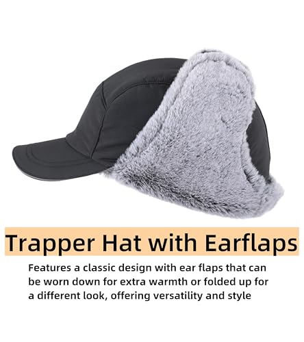 Home Prefer Faux Fur Trooper Trapper Hat for Men Warm Mens Winter Hat with Earflaps Ushanka Hunting Hat Reflective Brim - color: Black