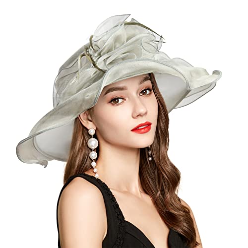2026 Derby Hat, Classy Sun Hats for Women Ladies, Organza Feather Kentucky Fascinator for Tea Party Church UV Protection - color: V-3021-gray