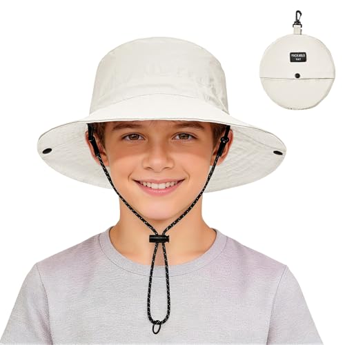 Zando Packable Kids Sun Hat UPF 50+ Girls Boys Beach Bucket Hat Summer - color: Beige, size: 8-12 Years