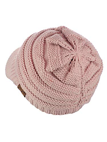 C.C Warm & Thick Cable Knitted Brim Visor Beanie Cap - color: Indi Pink