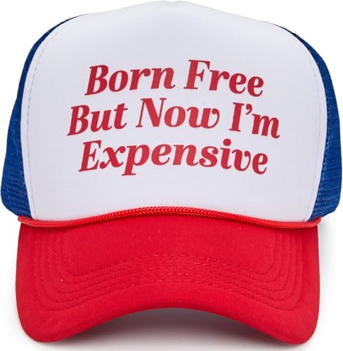 Funky Junque Premium Mesh Snapback Trucker Hat - Stylish Comfort for All - Patriotic, Humor & More - color: Born Free But Now Im Expensive - Red/White/Blue