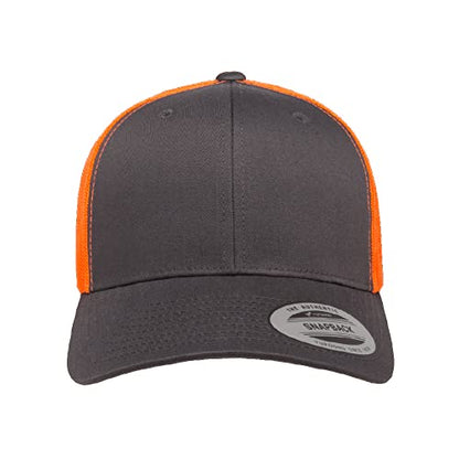 Yupoong Classic Mesh 6 Panel Retro Trucker Cap | Mid Profile Snapback - color: Charcoal/Neon Orange