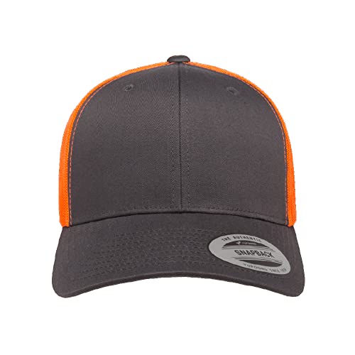 Yupoong Classic Mesh 6 Panel Retro Trucker Cap | Mid Profile Snapback - color: Charcoal/Neon Orange