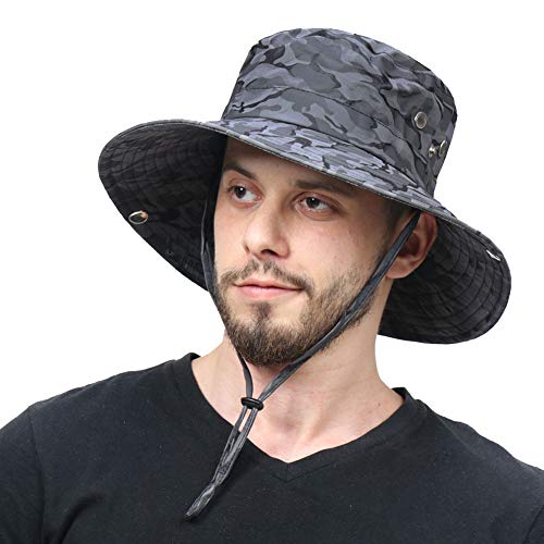 CAMOLAND Mens Fishing Hat Wide Large Brim Sun Hat with Outdoor UV Protection - color: Grey Camouflage