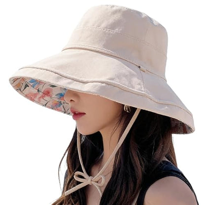HUAMULAN Women Wide Brim Reversible Sun Hat Summer Beach Fishing Bucket - color: Beige Floral