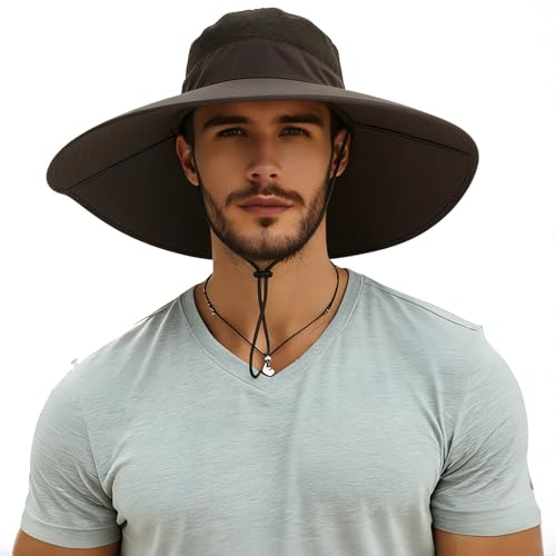 Men's Wide Brim Sun Hat-UPF 50+ Protection,Waterproof Bucket Hat for Fishing, Hiking, Camping,Breathable Nylon & Mesh - color: Dark Grey, size: X-Large