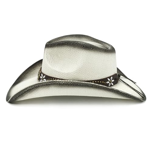 FLUFFY SENSE. Straw Cowboy Hat for Women and Men – Western Sun Hat for Country Concert, Rodeo and Cowgirl Outfits - color: Ash White Longhorn Skull