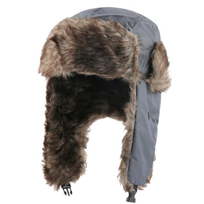 Winter Trapper Hats Unisex Faux Fur Hunting Hat Cold Weather Ski Cap Warm Windproof Trooper Hats with Ear Flaps Gray - color: Gray