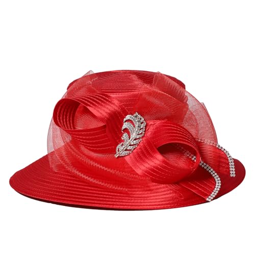 Women Derby Church Dress Fascinator Wide Brim Hats 1920s Vintage Tea Party Wedding Cloche Bowler Hats - color: Red