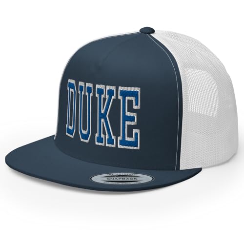 NG Duke Flat Bill Embroidered Trucker Hat High Crown Adjustable Cap - color: Navy/ White