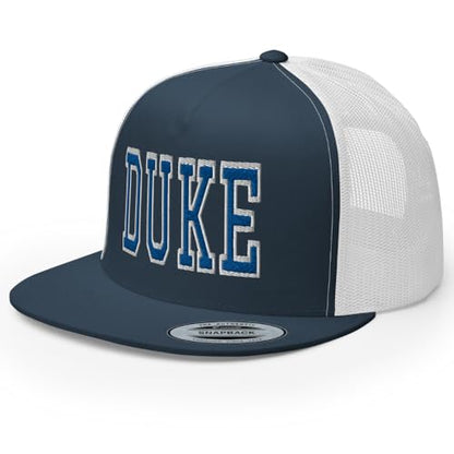 NG Duke Flat Bill Embroidered Trucker Hat High Crown Adjustable Cap - color: Navy/ White