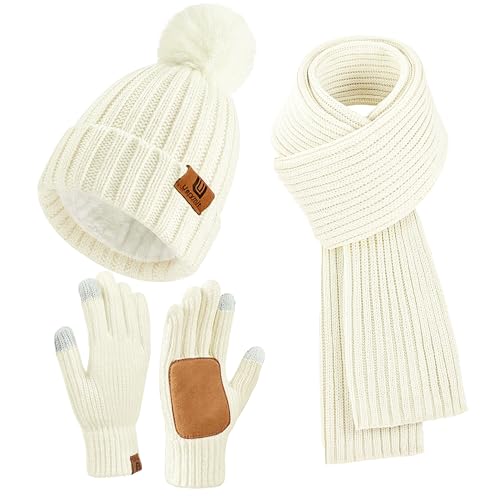Uerymit Womens Winter Beanie Hat Scarf Gloves Set Warm Knit Beanie with Pom Pom Long Scarf Touchscreen Gloves 3 in 1 Set - color: White
