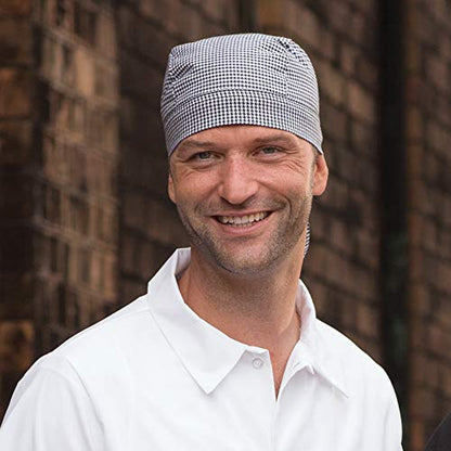 Uncommon Threads Elastic Back Skull Cap Chef Hat with Ties - color: Houndstooth