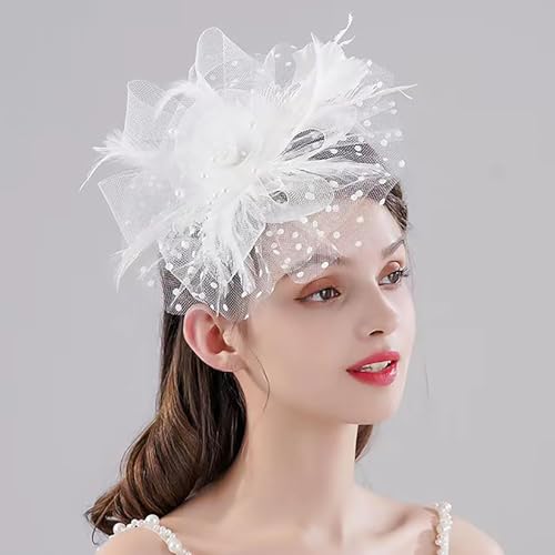 JUNBESTN Fascinators Hat Tea Party Headwear for Women Flower Mesh Feathers Headband - color: White