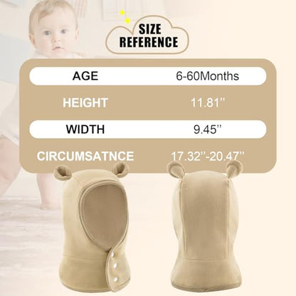 Toddler Winter Hat with Ear Flaps Baby Boy Hats Scarf Girls Balaclava Kids Polar Beanie Bear Neck Warmer - color: Button Khaki, size: 6-60 Months